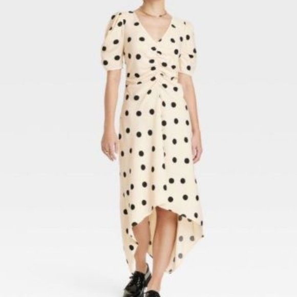 A New Day Crepe Rouched Cinched High Low Dot Dress Cream/Black NWT Short Sleeve - Picture 3 of 11